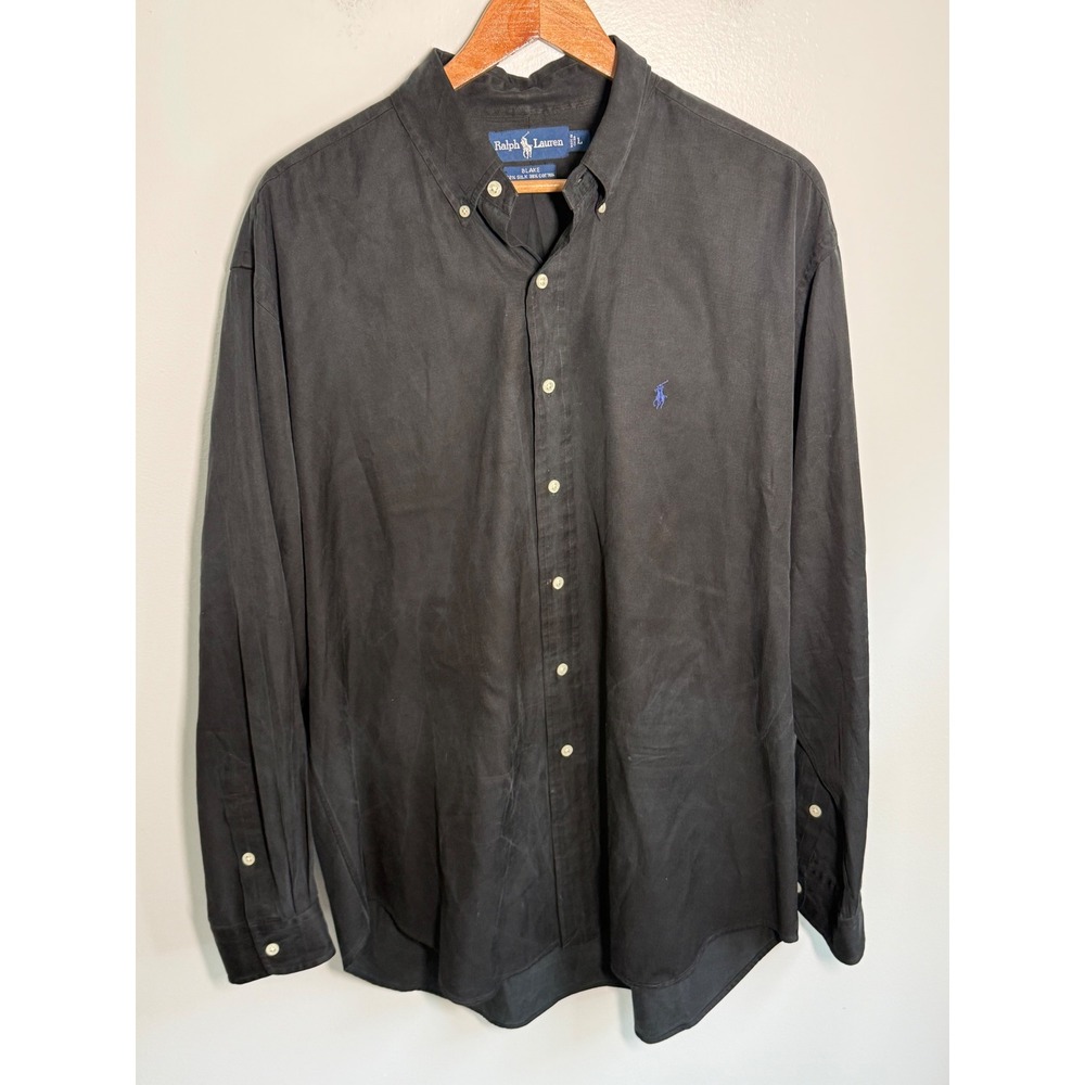 Polo Ralph Lauren Blake Mens Large Black Silk Cotton Button Down Long Sleeve
